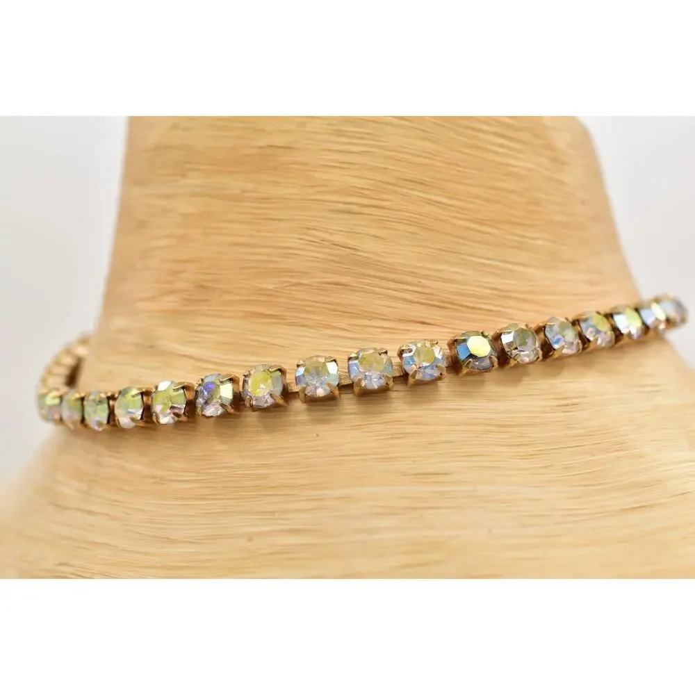 Vintage Crystal Choker Necklace Aurora Borealis Round Prong Rhinestone 80s BinBL